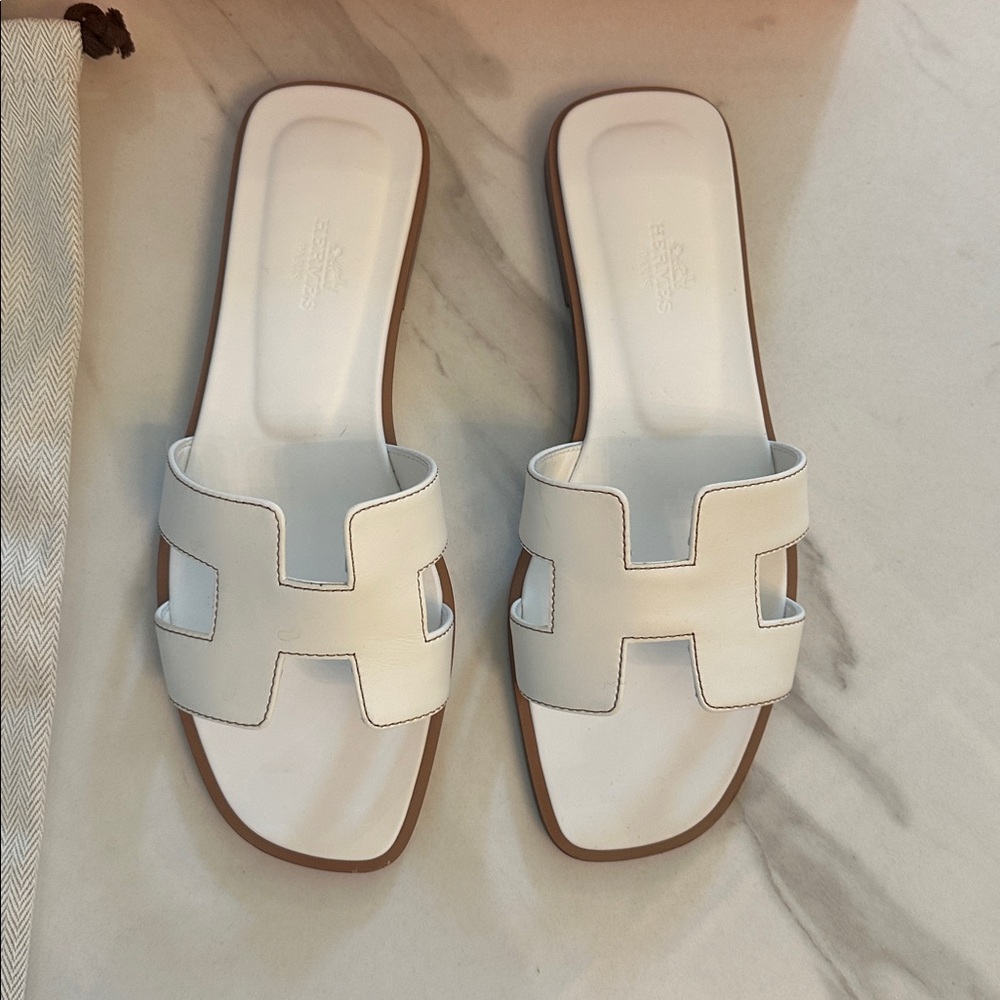 Authentic Hermes White and Tan Oran Slide Sandals